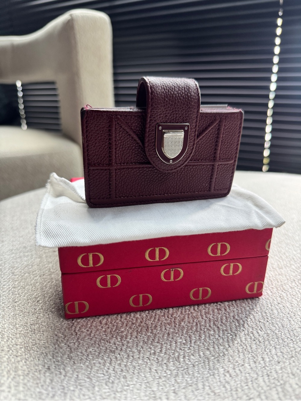 Christian Dior Diorama Small Calfskin Card Holder Wallet – Russet Brown/Burgundy